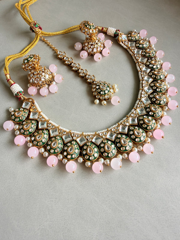 Adhira Pink Color Kundan And Meenakari Necklace