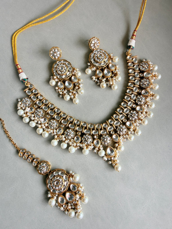 Adhira Premium Glossy White Pearls Kundan Necklace Set
