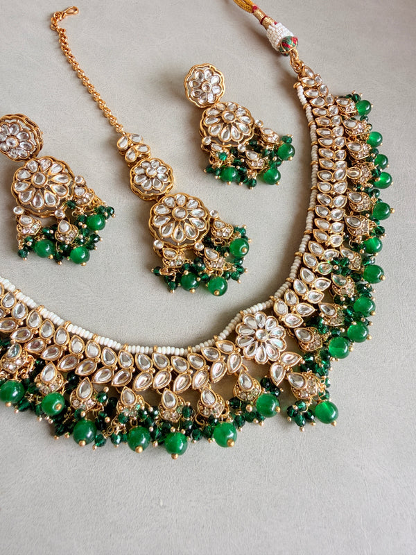 Adhira Green Beaded Kundan Necklace Set