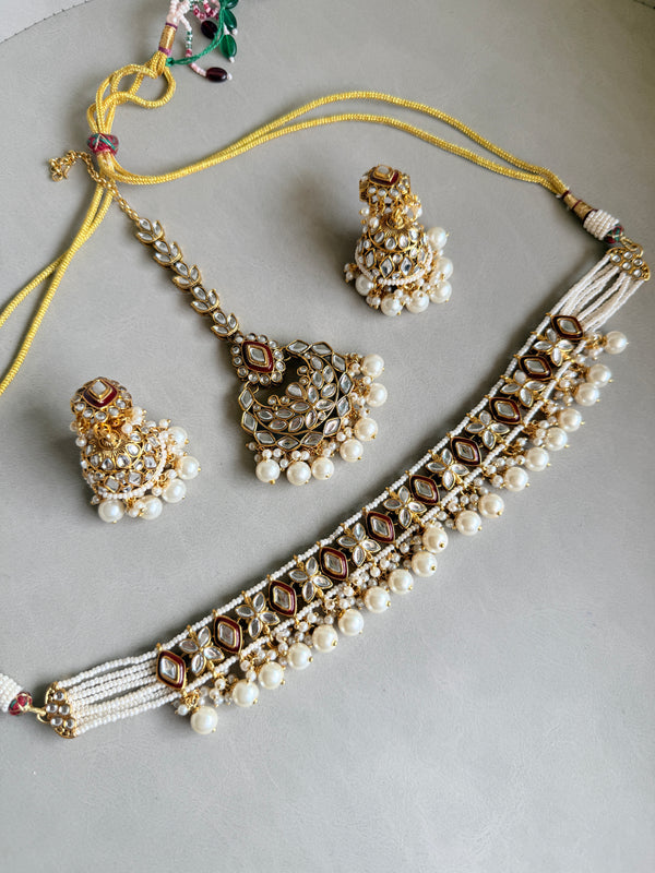 Adhira Pearl and Kundan Choker Necklace  Set