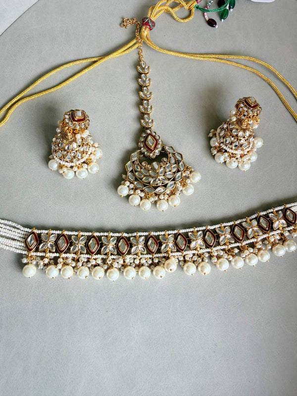Adhira Pearl and Kundan Choker Necklace  Set