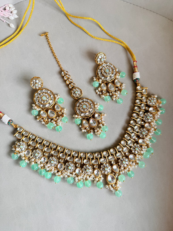 Adhira Mint Green Beaded Kundan Necklace Set