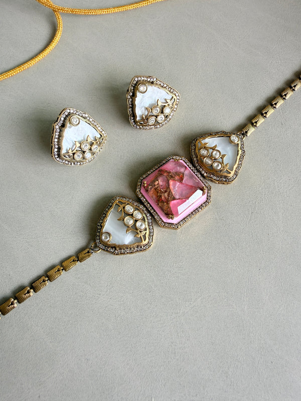 Adhira Doublet stone With Marble Effect Premium Choker Necklace Set