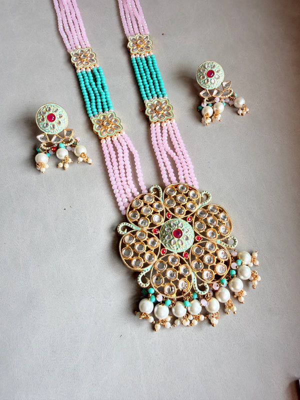 Adhira Long Pink And Green Colour Kundan Rani Haar