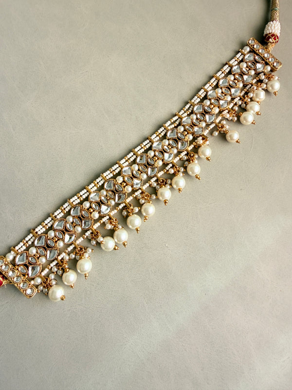 Kavya Kundan And Pearl Choker Set With Earring And Manng Tika