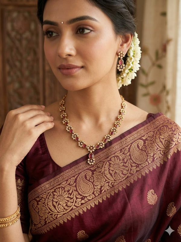 Lavanya Golden Necklace Set with Pink Stones And AD Floral Design