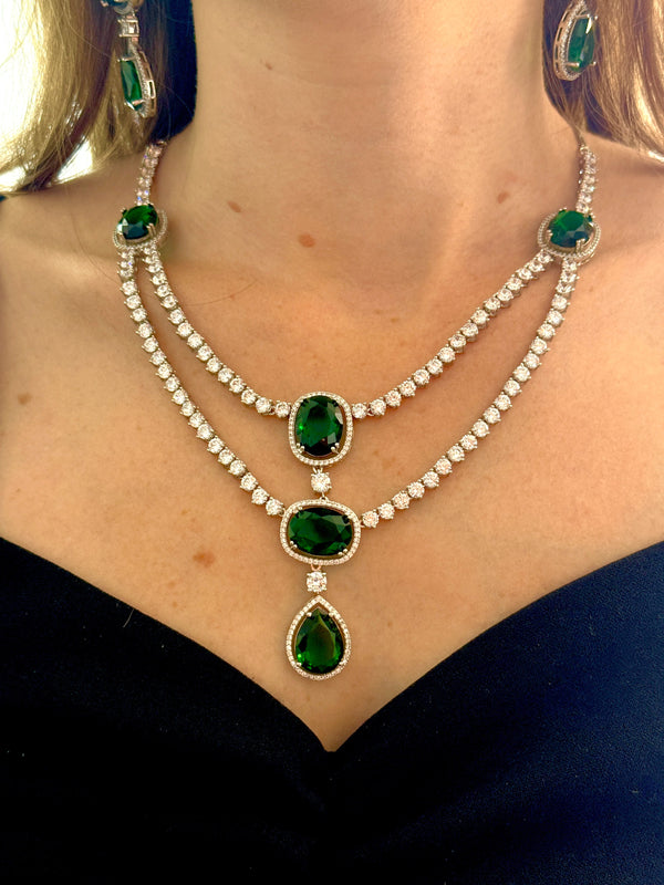 Kavya Double Layered Emerald Color AD Necklace