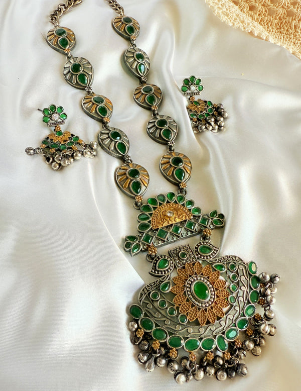 Myra Green Stone Silver Replica Long Necklace