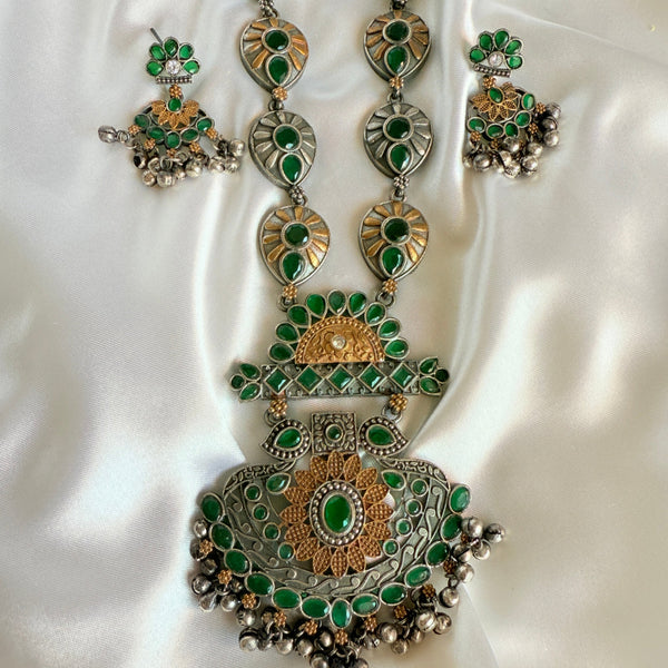 Myra Green Stone Silver Replica Long Necklace
