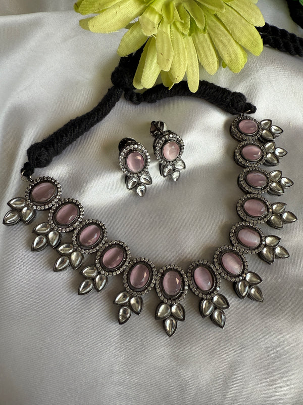 Myra Pink Stones oxidized silver replica Necklace