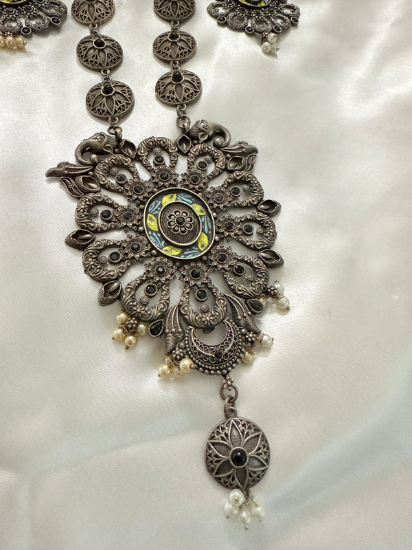 Myra Silver look A Like Long Hand Painted Necklace