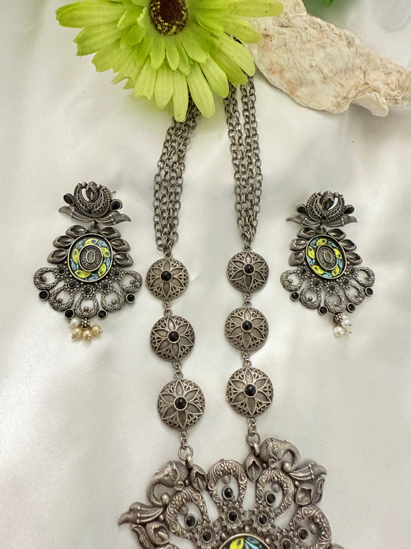 Myra Silver look A Like Long Hand Painted Necklace