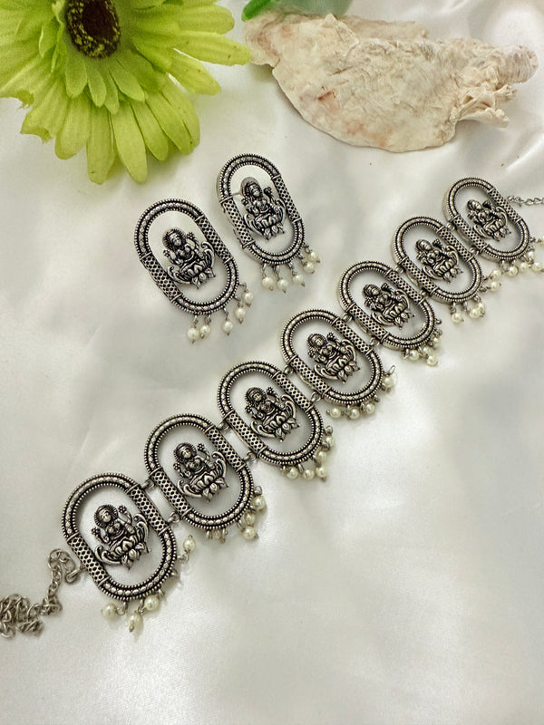 Myra Temple Designe Oxidize Silver Replica choker Necklace Set