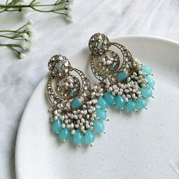 Inaya Exquisite Aqua & Pearl Kundan Chandbali Earrings