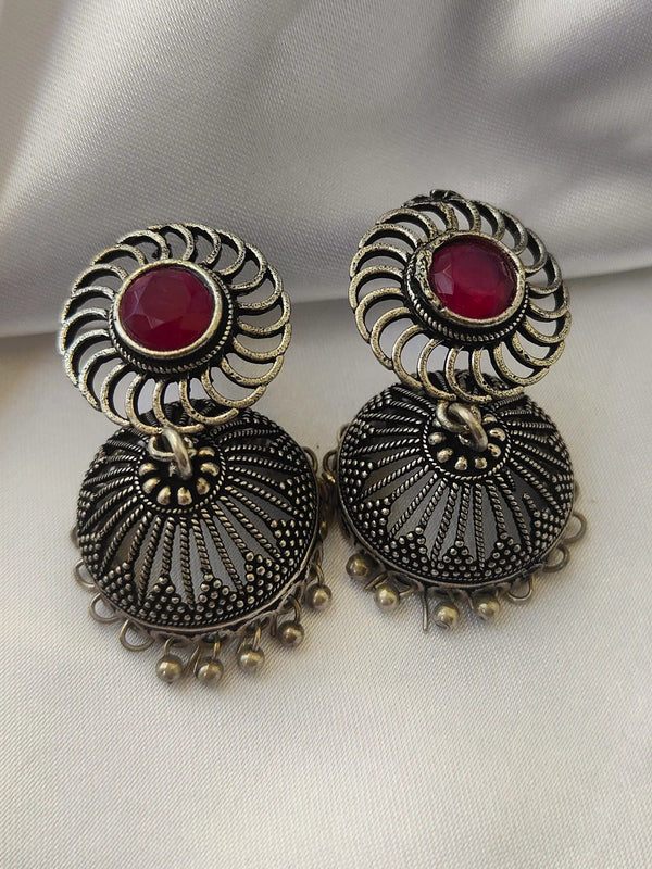 Diya Oxidize Ruby Color Stone Jhumka Earring