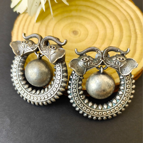 Diya Two Elephant oxidize Silver Earring