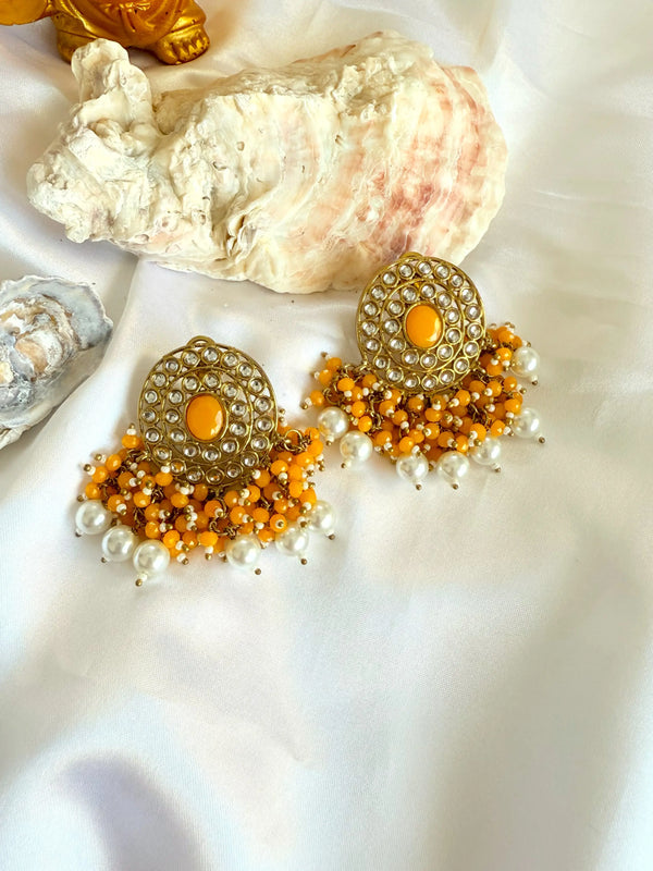 Inaya  Kundan and Yellow Stone Stud Earrings with Pearl Drops