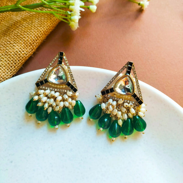 Inaya Triangle Shape Green Color Kundan Earring