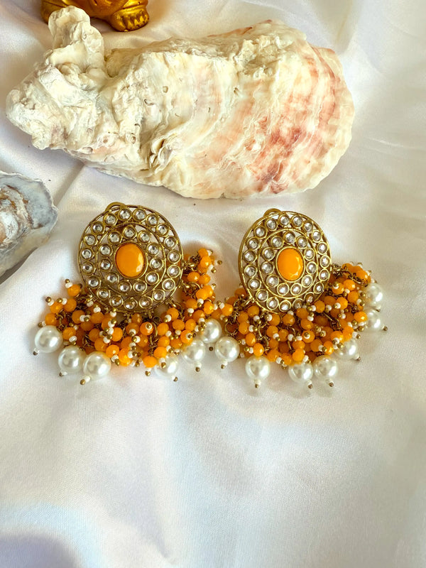 Inaya  Kundan and Yellow Stone Stud Earrings with Pearl Drops